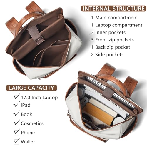 Upgraded 17 inch Leather Laptop Backpack for Women | Waterproof Vegan Leather Computer Backpack with Laptop Compartment,32L Large Capacity,Travel Work Business College - color: Beige With Brown