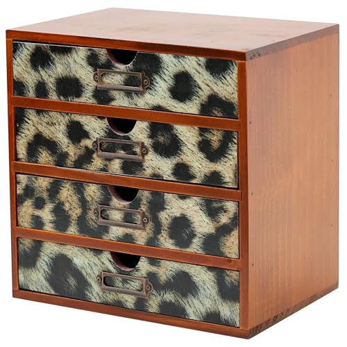 Classic Leopard Print Wooden Desk Organizer - 4-Drawer Desktop Storage - Rustic Wood Cabinet for Office Supplies, Craft Tools, & Home Organization - Luxurious Drawer Unit - color: Animal Leopard