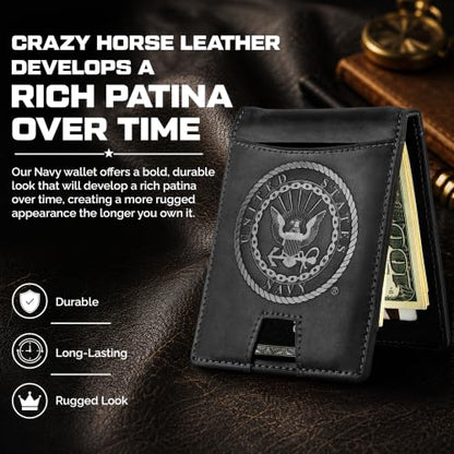 US Navy Black Crazy Horse Leather Bi-Fold Card Holder with Money Clip - Black Navy Wallet - color: Black_Navy