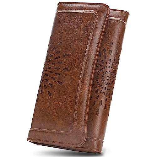 APHISON Womens Wallets RFID Blocking Leather Clutch Long Wallet for Women Card Holder Phone Organizer Ladies Travel Purse Hollow Out Sunflower Design Gift - color: coffee