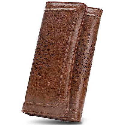 APHISON Womens Wallets RFID Blocking Leather Clutch Long Wallet for Women Card Holder Phone Organizer Ladies Travel Purse Hollow Out Sunflower Design Gift - color: coffee