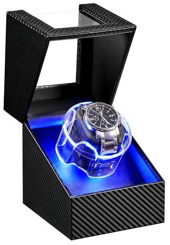 ANWBROAD Watch Winder for Automatic Watches, Single Watch Winder with LED | 4 Modes Automatic Watch Winder box for Men and Women, Winding Watch Rotator with Super Quiet Motor, Type-C Adapter UJWW006C - color: Black Carbon Fiber Leather