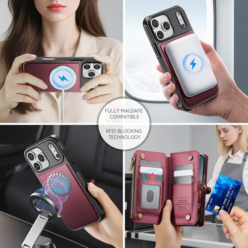 Defencase for iPhone 17 Pro Case Wallet Compatible with Magsafe, Wine Red | Drop-Proof Magnetic Detachable Phone Cases Cover, with RFID Bolcking Card Holder, Zipper Strap, PU Leather, Removable Wallet - color: (Detachable with Magsafe)-Wine Red