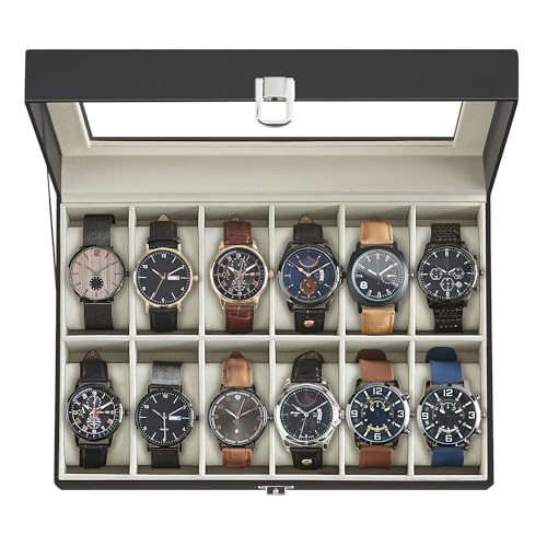 SONGMICS Watch Box, 12-Slot Watch Case with Large Glass Lid | Removable Pillows, Black PU Leather, Beige Lining, Gift for Loved Ones, BRIDIE Collection UJWB12BE - color: Black + Greenish Beige, size: 12 Slot