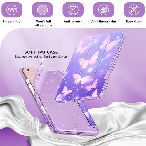 INFILAND Glitter Case for iPad A16 11th/10th Generation 11/10.9 Inch | 2025/2022 Sparkly Clear Cute Protective Cover Back with Pencil Holder For Kids Girls Purple Flutter - color: Purple Flutter