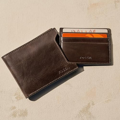 Fossil Men's Leather Bifold Sliding 2-in-1 with Removable Card Case Wallet for Men - color: Derrick Dark Brown