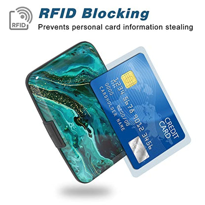 Credit Card Holder, Mini Aluminum Card Wallet RFID Blocking Slim Metal Hard Card Case for Women Men, Ocean Marble - color: Ocean Marble