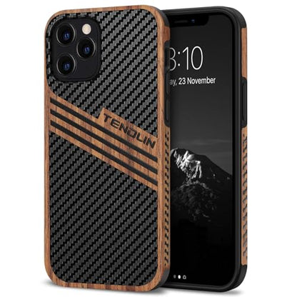 TENDLIN Compatible with iPhone 12 Pro/iPhone 12 Case Wood Grain with Carbon Fiber Texture Design Leather Hybrid Slim Case (Three Stripe) - color: Three Stripe, size: iPhone 12/12 Pro