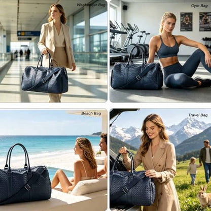 Weekender Bags with Shoe Compartment Travle Carry On Bag (Navy Blue) | Handwoven Duffel for Women with Wet Dry Separation, Beach Tote for Gym Overnight Trip - color: Navy Blue