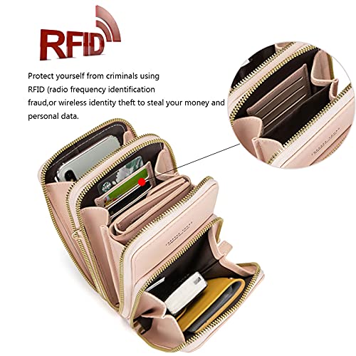 myfriday Touch Screen RFID Phone Crossbody Purse with 2 Straps for Women | Clear phone window, RFID card space, 11 slots and zip pockets support quick calls, errands, theme parks and travel - color: A-pink