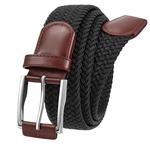 XZQTIVE Braided Stretch Belt Mens Gift Elastic Woven Belt for Golf Casual Pants Shirts Jeans - color: Black With Coffee Leather, size: Fit Waist 38-43in