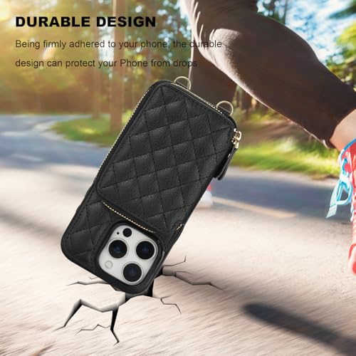 Bocasal Crossbody Wallet Case Card Holder for iPhone 16 Pro, Black | RFID Blocking PU Leather Zipper Handbag Purse, Kickstand Flip Folio Case with Card Slots Holder Wrist Strap Lanyard 6.3 Inch - color: Black