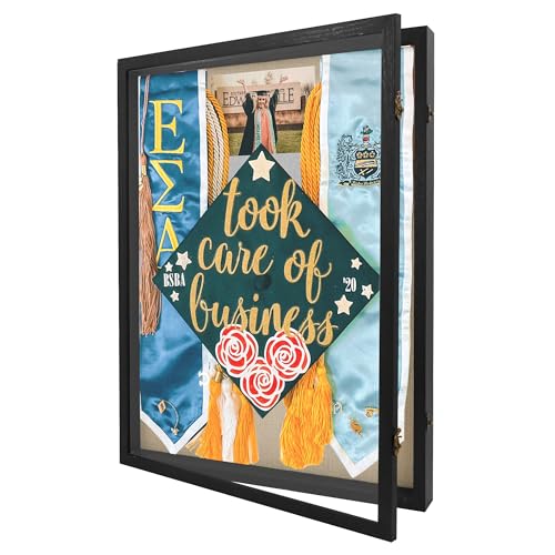 Large Graduation Shadow Box Frame for Cap Gown, Black 18x24 Display Case | Hinged Front Open Door Keepsake Box with Plexiglass, Linen Back with Pins for Pictures Bouquet, Interior Depth 1.5 inches - color: Rustic Black, size: 18"x24" (45.7x61.0 cm)