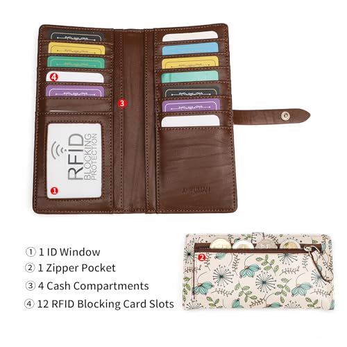 Slim Wallets for Women Credit Card Holder RFID Bifold Clutch Long Ladies Billfold Wallets with Zipper Coin Pocket ID Window Cactus - color: Cactus