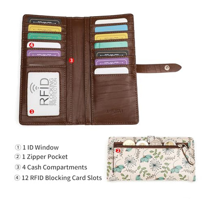 Slim Wallets for Women Credit Card Holder RFID Bifold Clutch Long Ladies Billfold Wallets with Zipper Coin Pocket ID Window Cactus - color: Cactus