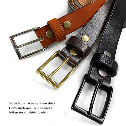 Men's Full Grain Genuine Leather One Piece Casual Dress Belt or Punk Star/Studded Jean Belt, 1-1/8"(30mm) wide - color: Black-black, size: 44