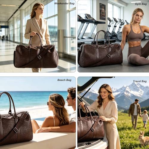 Weekender Bags with Shoe Compartment Travle Carry On Bag (Coffee) | Handwoven Duffel for Women with Wet Dry Separation, Beach Tote for Gym Overnight Trip - color: Coffee