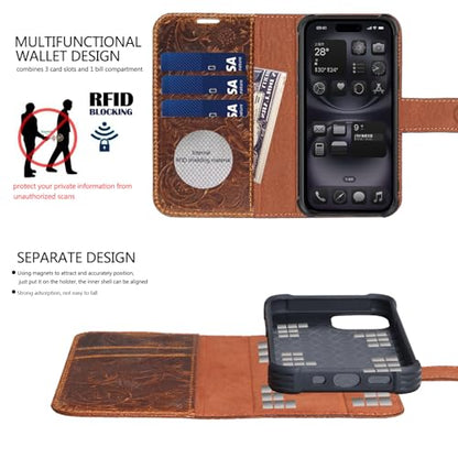 Leather Case Compatible with iPhone 16 Wallet 6.1" Dark Brown | Genuine Leather 2in1 Magnetic Detachable Shockproof Kickstand,Flip Folio Cover with Card Slot,RFID Blocking durable brown - color: Dark brown, size: 16