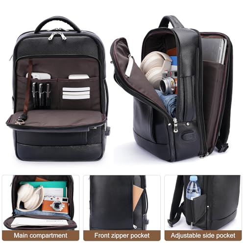 TIDING Men's Expandable Leather 15.6" Laptop Backpack for Commute Business | TSA Friendly Weekend Travel Daypack with Luggage Sleeve, Water Bottle Holder ﻿ - color: Black