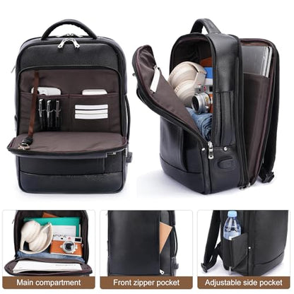 TIDING Men's Expandable Leather 15.6" Laptop Backpack for Commute Business | TSA Friendly Weekend Travel Daypack with Luggage Sleeve, Water Bottle Holder ﻿ - color: Black