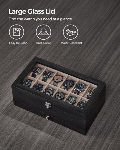 SONGMICS 12-Slot Watch Box, 2-Tier Watch Display Case with Large Glass Lid, Removable Pillows, Velvet Lining, Jewelry Box, Gift Idea, Ebony Black UJOW012B01 - color: Ebony Black, size: 2 Layer 12 Slot