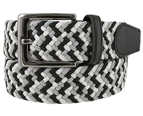 Belts.com Men's Gray Braided Elastic Stretch Belt 1-3/8" Wide Canvas Fabric Woven Casual Belt With Prong Buckle - color: Black/Gray/White, size: X-Large (for waist 39"-41")
