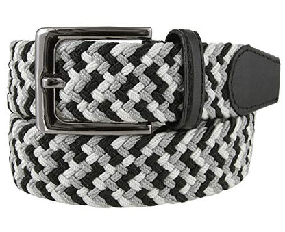 Belts.com Men's Gray Braided Elastic Stretch Belt 1-3/8" Wide Canvas Fabric Woven Casual Belt With Prong Buckle - color: Black/Gray/White, size: X-Large (for waist 39"-41")