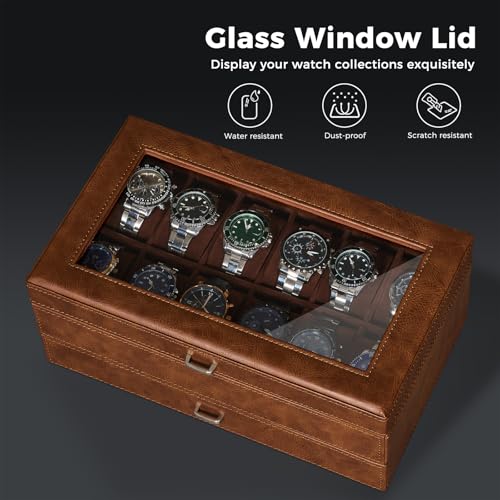 BEWISHOME Watch Cases for Men, 12-Slot Watch Box with Large Glass Lid | 2-Layer Watch Case Organizer with Removable Pillows, Watch Box for Men, Watch Storage, Watch Holder Espresso Lining SSH12Z