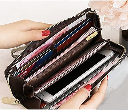 Women's Designer Wallet RFID Blocking DA Leather Wallets Large Phone Holder Wristlet wallets for women - color: Beige & Brown