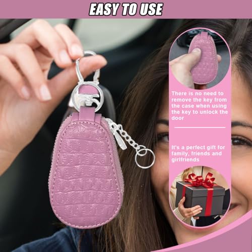 Leather Car Keychain Case Holder - Keyring Zipper Bag Auto Key Fob Cover Case with Metal Hook - Car Key Case Smart Key Fob Protector for Remote Key Fob (Pink) - color: Pink