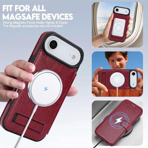 for iPhone Air Wallet Case with Stand,PU Leather Flip Credit Card Holder Slots (RFID Blocking),Compatible with Magsafe Magnetic Holder Phone Cover Women Men,Wine Red - color: Wine Red, size: iPhone Air 6.7"