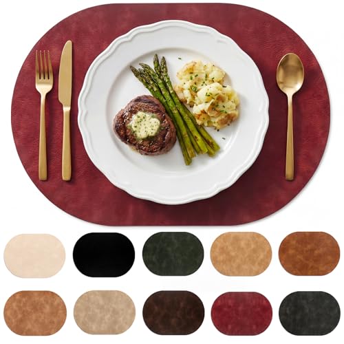 Placemats, Oval Placemats 2mm Ultra Thick Faux Leather Table Mats, Heat Resistant Waterproof Wipeable Dining Mats for Kitchen Table, Set of 12, Wine Red - color: Wine Red, size: Placemats set of 12