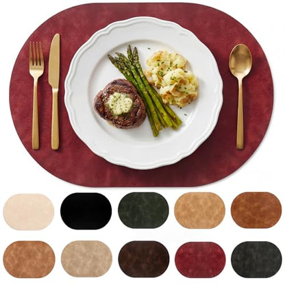 Placemats, Oval Placemats 2mm Ultra Thick Faux Leather Table Mats, Heat Resistant Waterproof Wipeable Dining Mats for Kitchen Table, Set of 12, Wine Red - color: Wine Red, size: Placemats set of 12