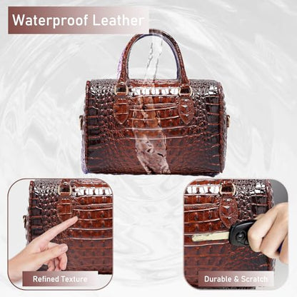 Makcr Joacbv Crocodile Handbag for Women Top Handle Leather Shoulder Purse | Glossy crocodile-embossed vegan leather with rolled handles, buckle details, a structured dome shape, and adjustable strap. - color: 1-oil Wax Brown