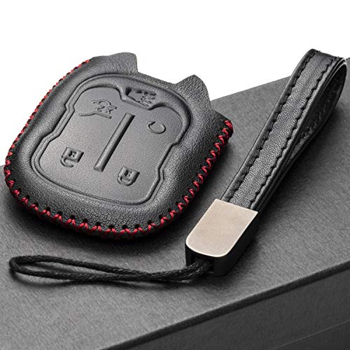 Genuine Leather Smart Key Fob Case with Leather Strap Compatible for GMC Acadia, GMC Terrain (2017 - 2023 Models ) - 5-Button, Black/Red - color: Black/Red