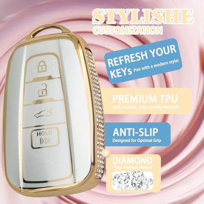 Loyvan Car Key Case, Rhinestone Edge TPU Key Fob Cover with Leather Bowknot Keychain, Compatible with Toyota 2018-2024 Highlander RAV4 Camry Avalon Corolla Smart Remote Key 4 Buttons, (Gold-White) - color: Gold-White