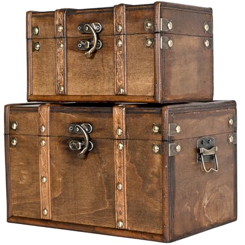 Decorative Vintage Wooden Storage Trunk Set of 2 with Antique Finish | Wooden Boxes with Metal Embellishments, Nesting Treasure Chest for Home Décor, Jewelry, Keepsakes, Gifts, Brown - color: Brown, size: 8.3"&10.2"