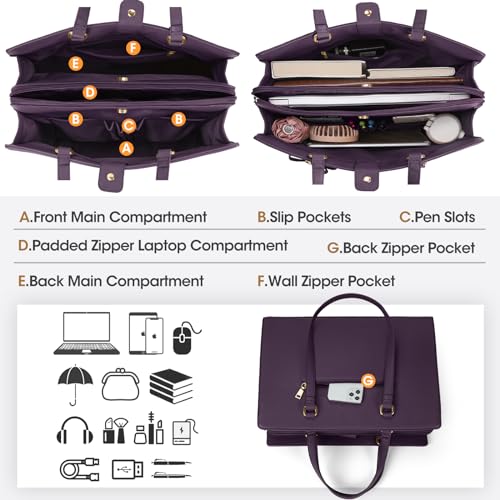 NUBILY Laptop Bag for Women 15.6 inch Leather Work Tote Bag | Waterproof Computer Bag with Bow Large Briefcase with Multi-Pockets Handbag Purse for Business Office Commuting Purple - color: Dark Purple