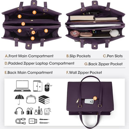 NUBILY Laptop Bag for Women 15.6 inch Leather Work Tote Bag | Waterproof Computer Bag with Bow Large Briefcase with Multi-Pockets Handbag Purse for Business Office Commuting Purple - color: Dark Purple