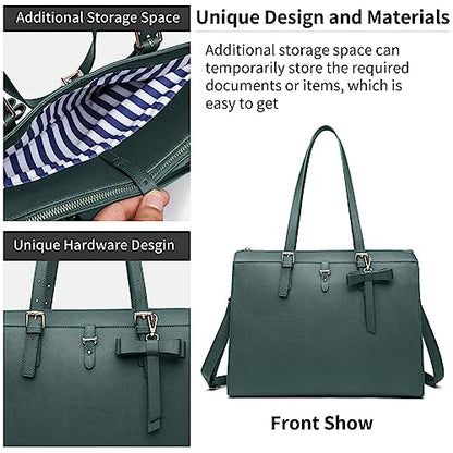 Keyli 4pc Sets Laptop Bag for Women Large Leather Laptop Briefcase with USB Charging Port Computer Shoulder tote Bags Purse - color: Green