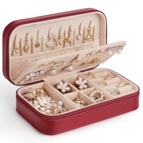 DesignSter Travel Jewelry Box, PU Leather Portable Jewelry Case, Small Jewelry Boxes for Gifts, Travel Jewelry Organizer for Women Rings Earrings Necklaces Bracelets (Wine Red) - color: Wine Red