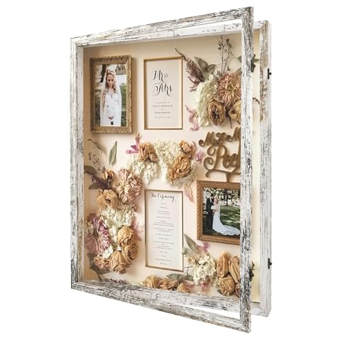 Large Shadow Box Frame 18x24 Display Case, White Wedding Bouquet Memory Box | Hinged Front Open Door with Plexiglass, Linen Back with Pins for Pictures Keepsake, Interior Depth 1.5 inches for Flowers - color: Rustic White, size: 18"x24" (45.7x61.0 cm)