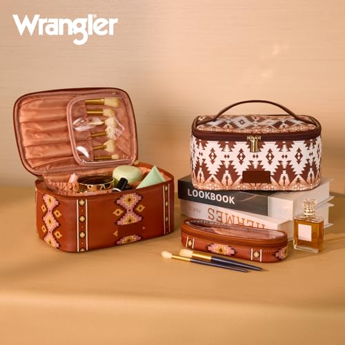 Wrangler Travel Makeup Bag 2pcs Set Cosmetic Bag with Makeup Brush Holder | Portable Make Up Organizer,Large Toiletry Bag with Divider and Handle for Women - color: Aztec-Brown