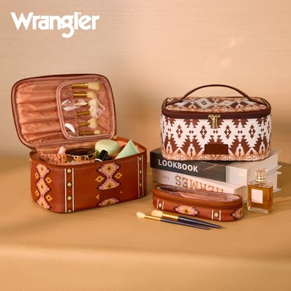 Wrangler Travel Makeup Bag 2pcs Set Cosmetic Bag with Makeup Brush Holder | Portable Make Up Organizer,Large Toiletry Bag with Divider and Handle for Women - color: Aztec-Brown