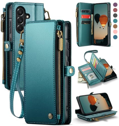 Defencase for Samsung Galaxy A37 5G Wallet Case with Card Holder, Bluegreen | RFID Blocking, Zipper Pocket, Durable PU Leather, Wrist Strap, Fashion Snap Flip Phone Cases Cover with Stand for Women Men - color: Blue Green