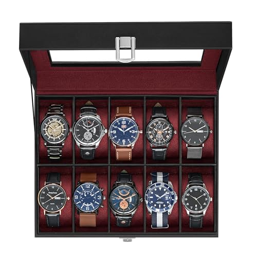 SONGMICS Watch Box, 10-Slot Watch Case with Large Glass Lid | Removable Pillows, Black PU Leather, Red Lining, Gift for Loved Ones, BRIDIE Collection UJWB010R01 - color: Black + Wine Red, size: 10 Slot