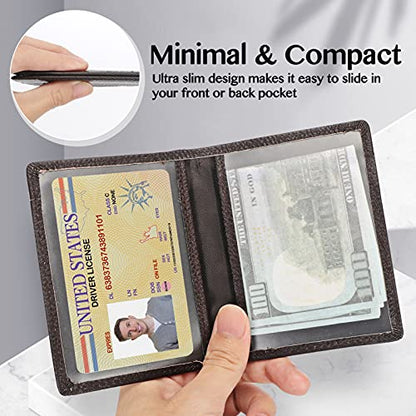 Unaone Slim Minimalist Wallet - Premium Leather RFID Blocking Front Pocket Wallets with 8 Card Slots and 2 ID Window, Dark Coffee - color: Coffee Brown