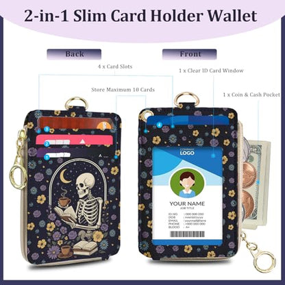 Gothic Lanyard Wallet for Id Badges, Funny Skull Card Holder with Neck Lanyard Wristlet, RFID PU Leather ID Case with Adjustable Lanyard Keychain for Women Teacher Student Nurse Work Office - color: Skull Drink Coffee Read Book