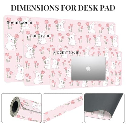 Pink Bunny Tulip Desk Mat, Cute Extended Gaming Keyboard Mouse Pad, Large Office Desk Cover Mat Pad Deskmat, Non-Slip Leather Home Office Desk Mat Protector 31.5"×15.7" - color: Pink Bunny, size: 31.5" x 15.7"
