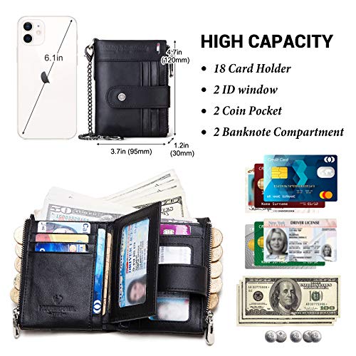 gzcz mens wallet with chain Zipper Genuine Leather Bifold Purse | Genuine Leather, RFID Blocking, Large Capacity,18 Credit Card Slots,2 ID Window,2 Cash Compartments,2 Coin Pocket,Gift Choice - color: Black